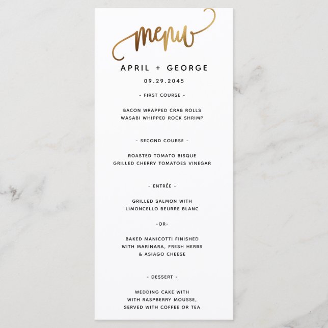 Black Gold Script Typography Wedding Menu (Front)