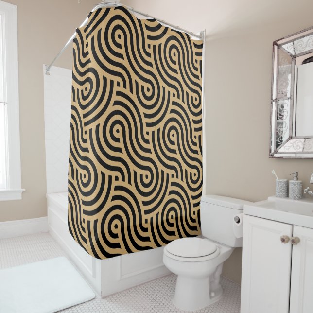 Black & Gold Sea Ocean Waves Pattern Shower Curtain (In Situ)