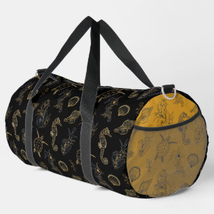 Black gold seahorse turtle shell sea nautical duffle bag