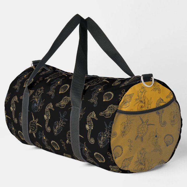 Black gold seahorse turtle shell sea nautical duffle bag (Right Corner)