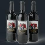 Black & Gold Season's Greetings Christmas Photo Wine Label<br><div class="desc">Celebrate the season with this holiday photo wine label. This design features stylish gold lettering "Season's Greetings" with custom text on a black background. You can personalise the text and insert your photo. More Christmas gift designs are available at my shop BaraBomDesign.</div>
