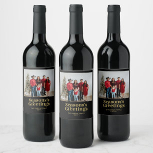 Black & Gold Season's Greetings Christmas Photo Wine Label