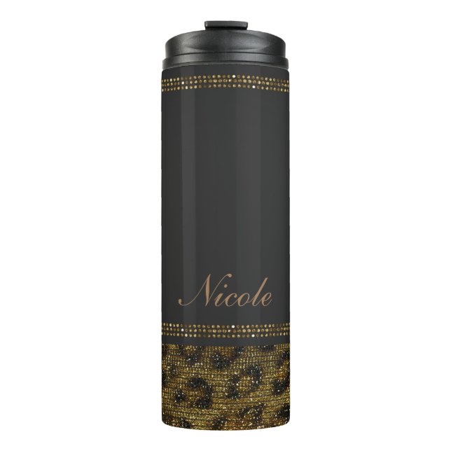Black & Gold Sequin Glitter Leopard Cheetah Print Thermal Tumbler (Front)
