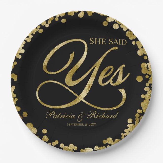 Black Gold She Said Yes Engagement Party Paper Plate (Front)