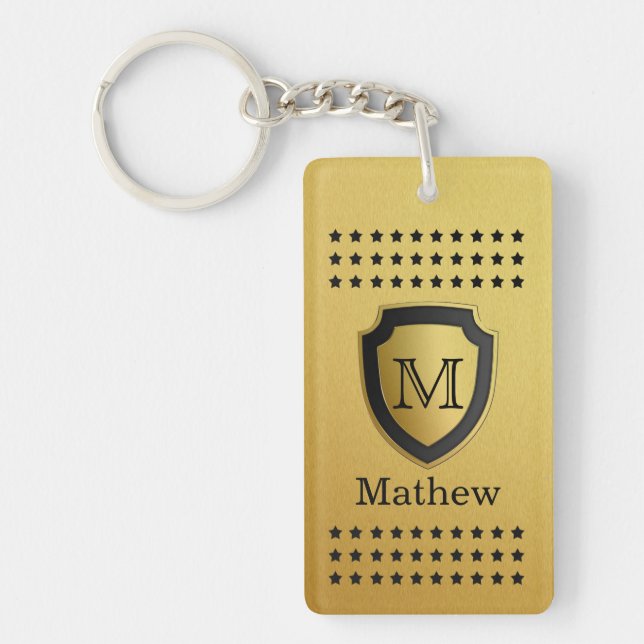 Black Gold Shield Monogram Name Star Pattern Manly Key Ring (Front)