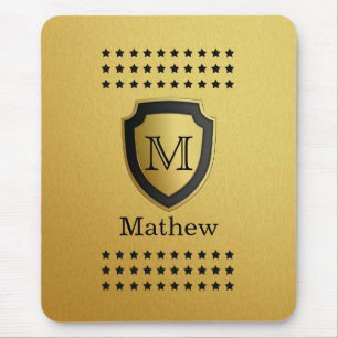 Black Gold Shield Monogram Name Star Pattern Manly Mouse Pad