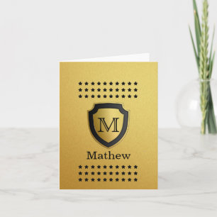 Black Gold Shield Monogram Name Star Pattern Manly Note Card