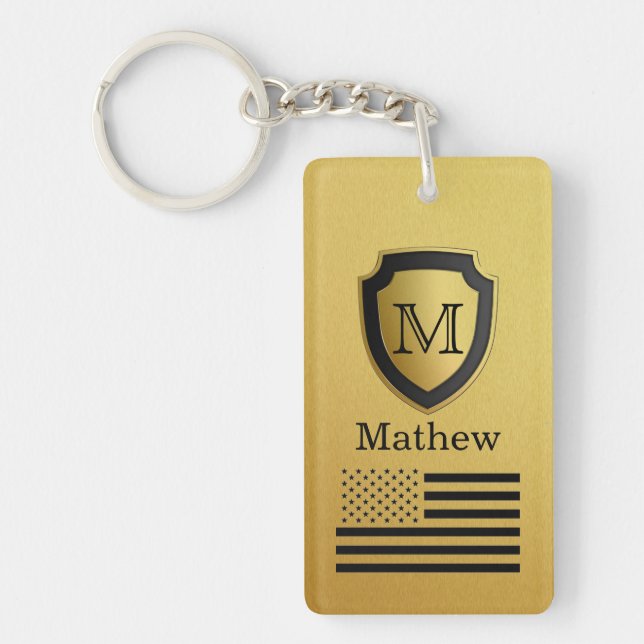 Black Gold Shield USA Flag Monogram Name Manly Key Ring (Front)