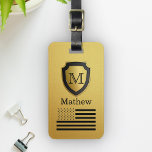 Black Gold Shield USA Flag Monogram Name Manly Luggage Tag<br><div class="desc">Add your name and monogram to make your own unique product.</div>