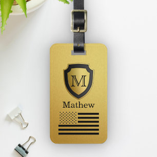 Black Gold Shield USA Flag Monogram Name Manly Luggage Tag
