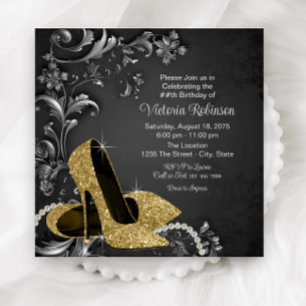 Black Gold Shoe Womans Birthday Party Invitation
