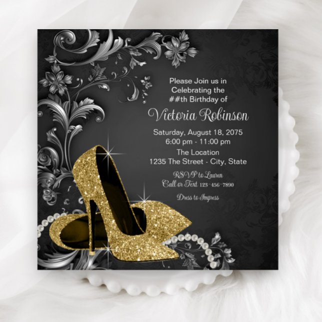 Black Gold Shoe Womans Birthday Party Invitation (Black gold high heels and pearls any number birthday and event invitation. Simply add your details.)