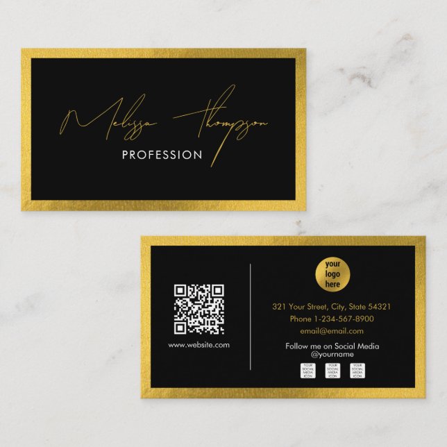 Black Gold Signature Script Professional QR Code  Business Card (Front/Back)