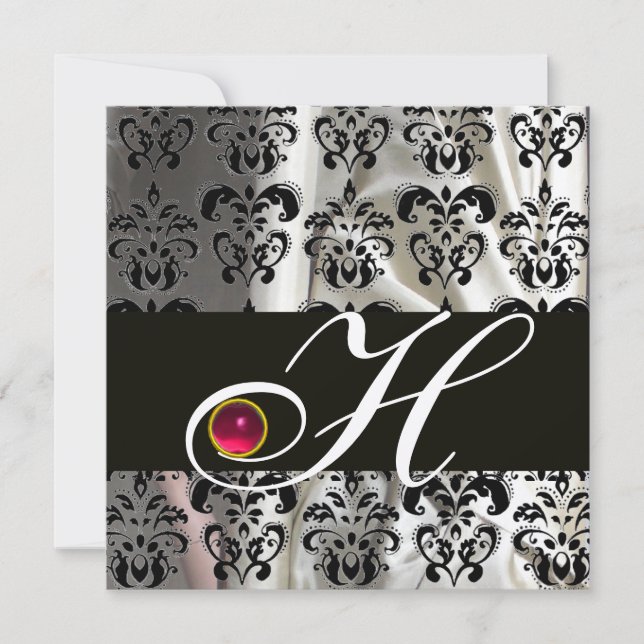 BLACK GOLD SILK DAMASK CLOTH MONOGRAM PINK RUBY INVITATION (Front)