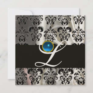 BLACK GOLD SILK DAMASK MONOGRAM BLUE SAPPHIRE INVITATION