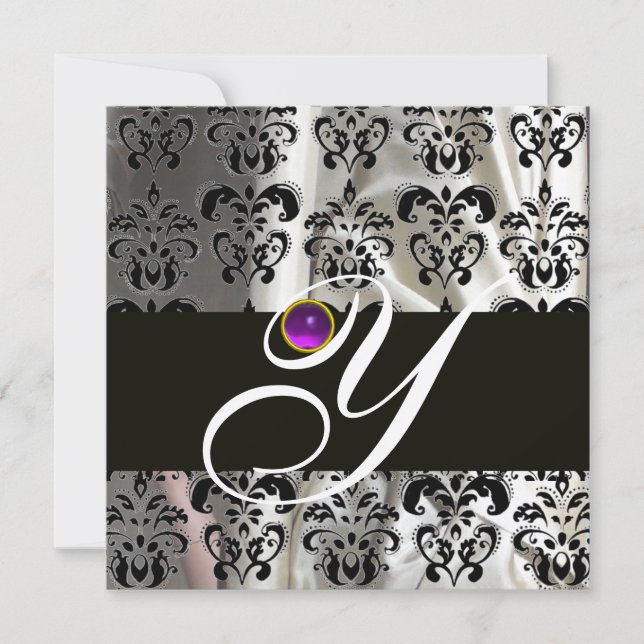 BLACK GOLD SILK DAMASK MONOGRAM PURPLE AMETHYST INVITATION (Front)