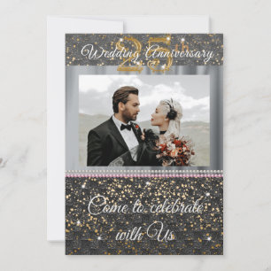 Black Gold & Silver Silk 25th  Wedding Anniversary Invitation