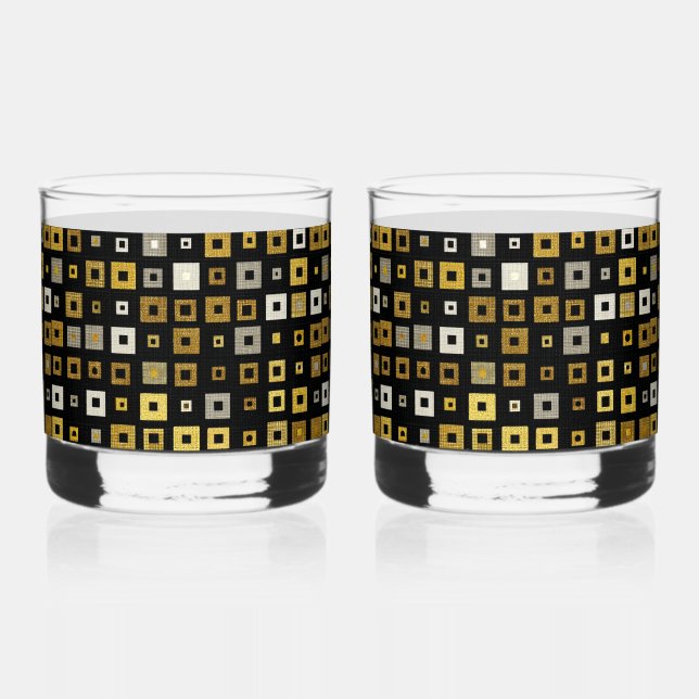Black Gold Silver White Modern Geometric Pattern Whiskey Glass (Front)