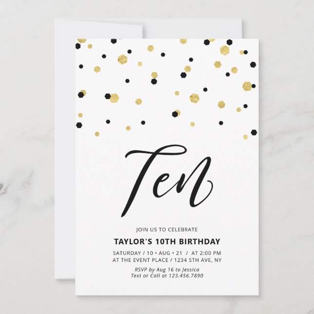 Black & Gold Simple 10th Teen Birthday Party Invit Invitation (Front)