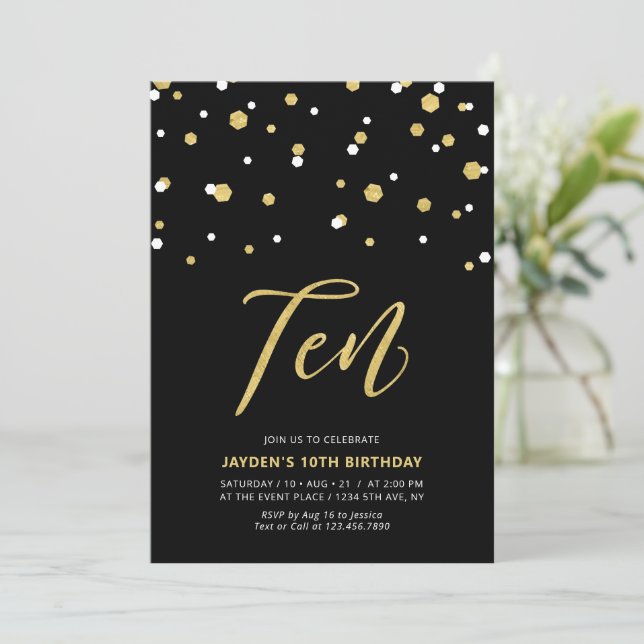 Black & Gold Simple 10th Teen Birthday Party Invit Invitation (Standing Front)