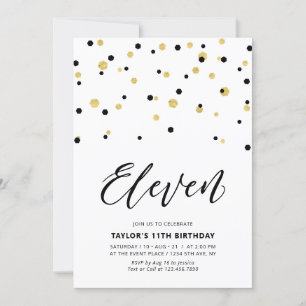 Black & Gold Simple 11th Teen Birthday Party Invitation