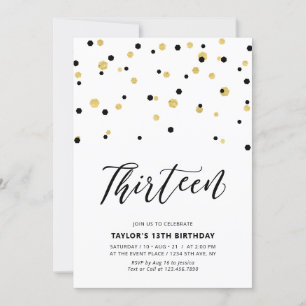 Black & Gold Simple 13th Teen Birthday Party Invitation
