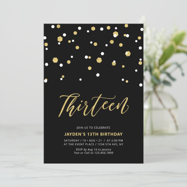 Black & Gold Simple 13th Teen Birthday Party Invitation (Standing Front)