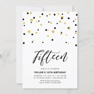 Black & Gold Simple 15th Teen Birthday Party Invitation