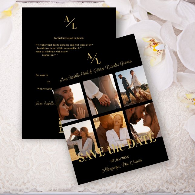 Black & Gold Simple Classic 6 Multi Photos Collage Save The Date (Black & Fake Gold Simple Classic 6 Multi Photos Collage Save the Date Card with Envelope. )