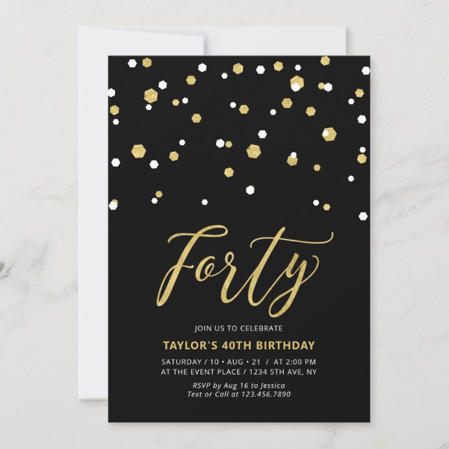 Black & Gold Simple Forty 40th Birthday Party Invi Invitation (Front)
