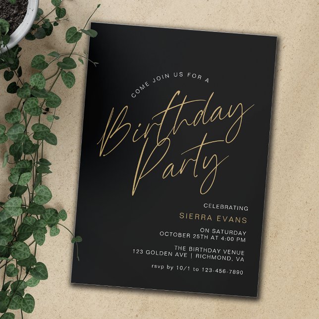 Black & Gold | Simple Minimal Typography Birthday Invitation (Creator Uploaded)