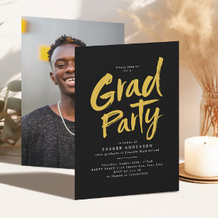 Black & Gold Simple Modern Brush Script Grad Party Invitation