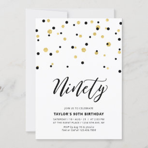 Black & Gold Simple Ninety 90th Birthday Party Invitation