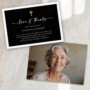 Black Gold Simple Script Cross Photo Funeral Thank You Card