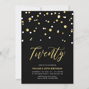 Black & Gold Simple Twenty 20th Birthday Party Inv Invitation