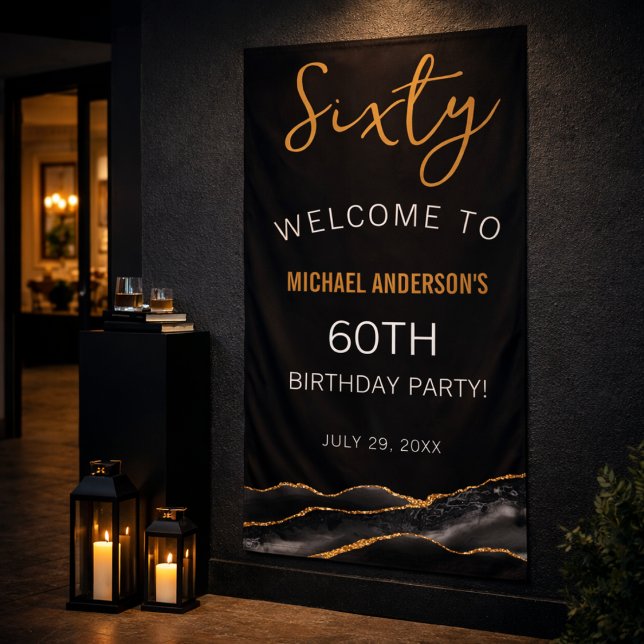 Black Gold Sixty Birthday Sign (Wall-mounted look, no grommets needed or choose metal grommets for easy hanging)