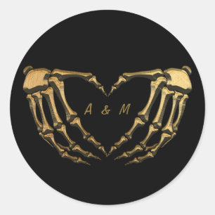 Black Gold Skeleton Gothic Hands Love Heart Shape  Classic Round Sticker