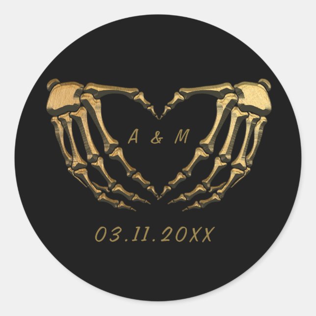 Black Gold Skeleton Gothic Hands Love Heart Shape  Classic Round Sticker (Front)