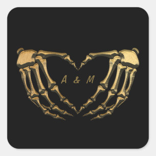 Black Gold Skeleton Gothic Hands Love Heart Shape Square Sticker