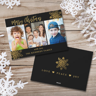 Black & Gold SnowFlake 3 Photo Collage Christmas  Holiday Card