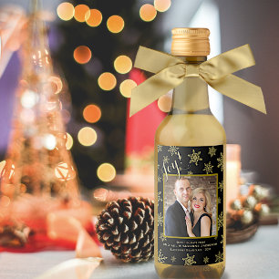Black & Gold Snowflake Joy Photo Holiday Mini Wine Label