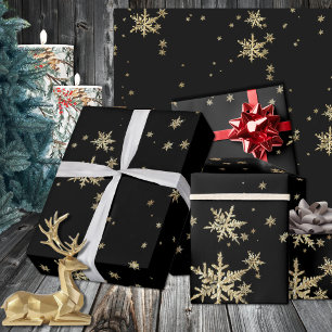 Black & Gold Snowflakes Dramatic Holiday Wrapping Paper