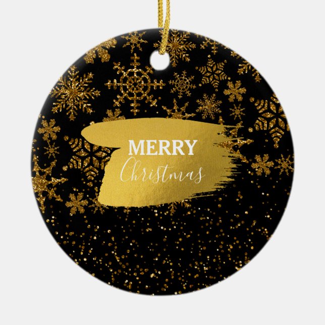 Black & Gold Snowflakes Stars Merry Christmas Ceramic Ornament (Front)