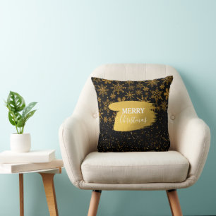 Black & Gold Snowflakes Stars Merry Christmas Cushion