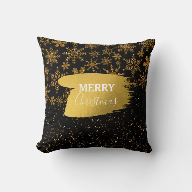 Black & Gold Snowflakes Stars Merry Christmas Cushion (Front)