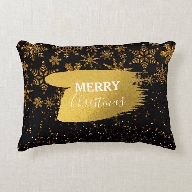 Black & Gold Snowflakes Stars Merry Christmas Decorative Cushion (Front)