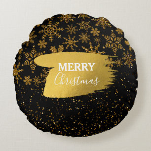 Black & Gold Snowflakes Stars Merry Christmas  Round Cushion