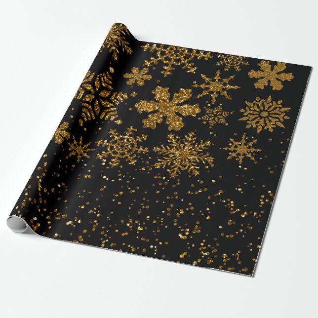 Black & Gold Snowflakes Stars Merry Christmas Wrapping Paper (Unrolled)