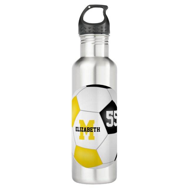 black gold soccer girl boy school team colours 710 ml water bottle (Front)