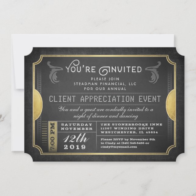 Black & Gold Sophisticate Ticket Corporate Invite (Front)